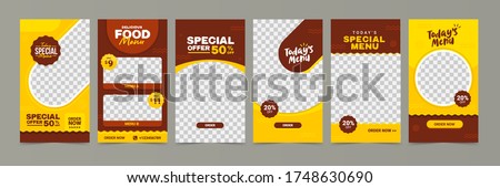 Food instagram story post template design. Suitable for Social Media Post Restaurant and culinary Promotion. Set of Editable sale banners Red and Yellow background color with stripe line shape vector.