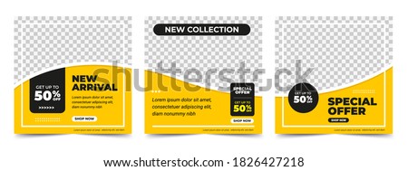 Set of Editable minimal square banner template. Black and yellow background color with stripe line shape. Suitable for social media post and web internet ads. Vector illustration with photo college Foto stock © 