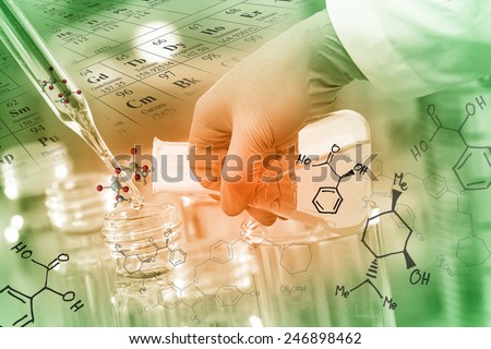 Gloved hand pour the solution from flask to test tube in laboratory with chemical equations and periodic table background.