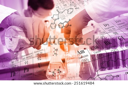 Gloved hand pour the solution from flask to another flask in laboratory with chemical equations and periodic table background.