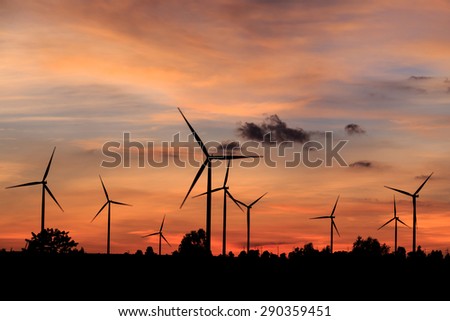 Wind turbines, wind Farms silhouette at sunset in Thailand