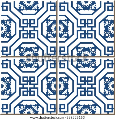 Vintage seamless wall tiles of Chinese blue octagon spiral square flower.
Vintage tile patterns can be used for wallpaper, pattern fills, web page background, surface textures.
