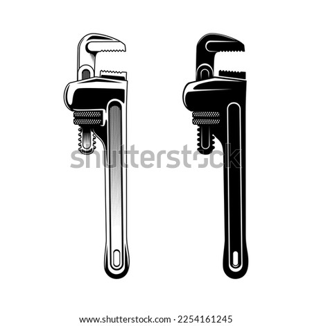 Adjustable pipe wrench. Black and white vector illustration of mechanical tools isolated on white background.