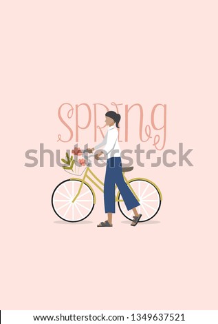 Girl and bike with a basket of flowers done in a textured flat style with the words 