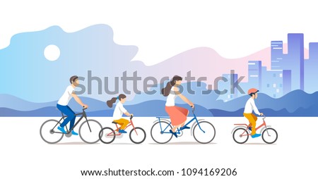 Active family vacation. Father, mother, son and daughter are riding on bicycles. Vector illustration.