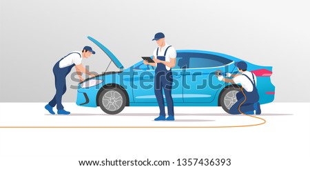 Auto service and repair. Car in maintenance workshop with mechanics team. Vector illustration.