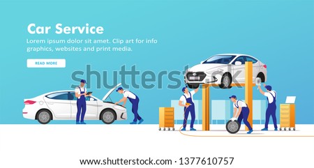 Auto service and repair. Cars in maintenance workshop with mechanics team. Vector illustration.