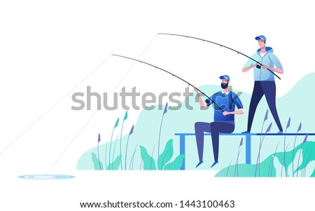 Fishermen at river bank. Fishing sport, outdoor summer recreation, leisure time. Vector illustration.