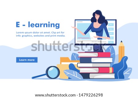 Distance education or business training. Pile of books and online teacher on computer monitor. Webinar or video seminar learning vector concept.