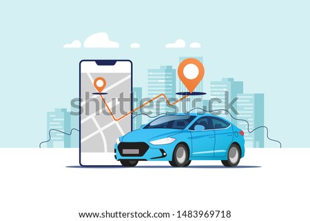 Blue car, smartphone with route and points location on a city map on the urban landscape background. Car and satellite navigation systems concept vector illustration.