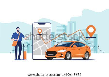 Online ordering taxi car, rent and sharing using service mobile application. Man near smartphone screen with route and points location on a city map on the car and urban landscape background.