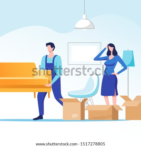 Moving home. Woman packing stuff to move to new house or apartment. Man carrying sofa. Vector illustration.
