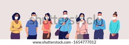 People in protective medical face masks. Men and women wearing protection from virus, urban air pollution, smog, vapor, pollutant gas emission. Vector illustration.