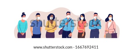 People in protective medical face masks. Man and women wearing protection from virus, urban air pollution, smog, vapor, pollutant gas emission. Vector illustration.