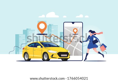 Online ordering taxi car, rent and sharing using service mobile application. Woman near smartphone screen with route and points location on a city map on the car and urban landscape background.