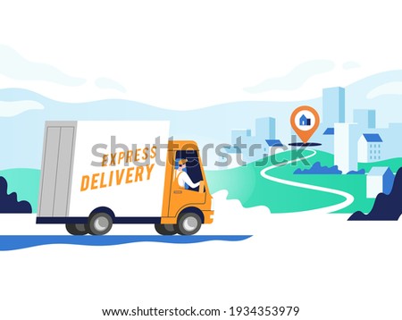 Express delivery services and logistics. Truck with man is carrying parcels on points. Concept online map, tracking, service. Vector illustration.	