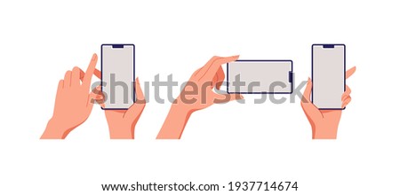 Female hand holding smartphone, empty screen, phone mockup, application on touch screen device. Vector illustration.