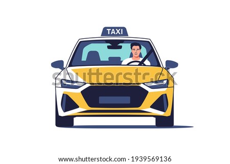 Taxi driver on a front seat. A front view of a taxi cab. Vector illustration.