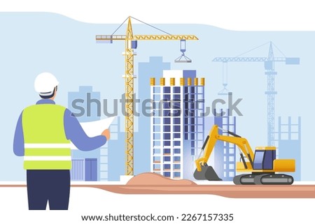 Construction site. Building work process with houses and construction machines. Engineer with construction project. Vector illustration for mobile and web graphics.