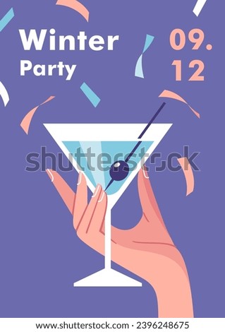 Winter time. Concept of celebration, party, vacation and travel. Female hand with a martini glass. Vector illustrations for mobile and web graphics.