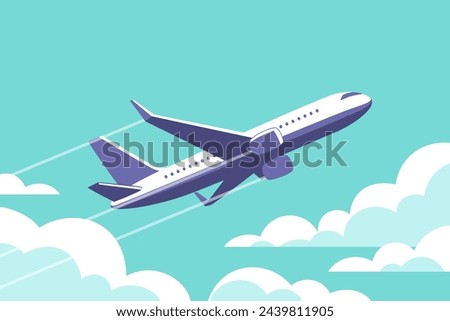 Airplane gaining altitude between clouds. Travel and vacation time. Vector illustration in a minimalistic style.