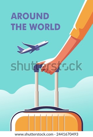Woman holding a suitcase in her hand close-up and a airplane taking off. Concept of vacation and travel. Vector illustration in minimalist style.