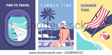 Summer time. Concept of summer party, vacation and travel. Perfect background on the theme of season vacation, weekend, beach. Vector illustration in minimalistic style for posters, cover art, flyer.