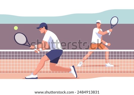 Tennis match. Popular sport. Male tennis player runs to hit the ball with a racket. Vector illustration.