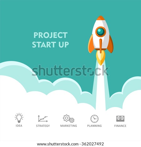 Start Up. Rocket ship. Flat design modern vector illustration concept of new business project start up development and launch a new innovation product on a market.