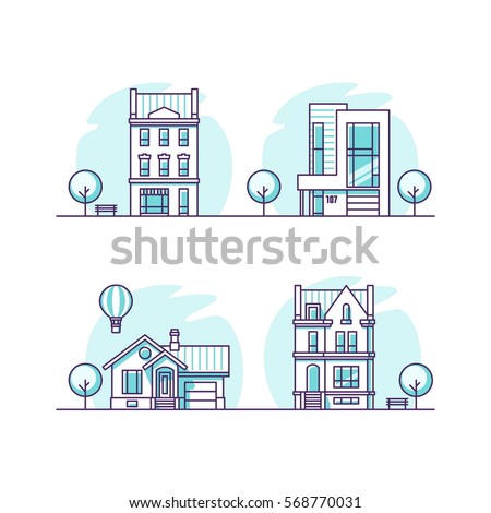 Set of urban and suburban houses. Vector illustration.