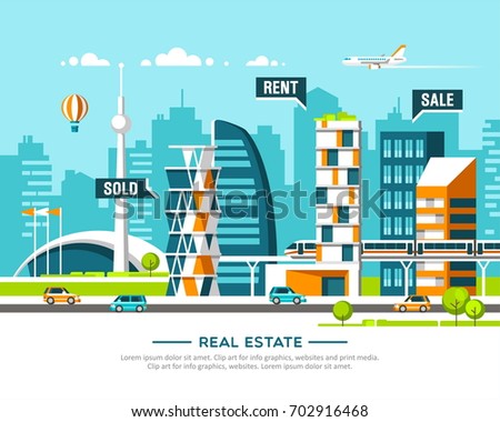City landscape. Real estate and construction business concept with houses. Vector illustration.