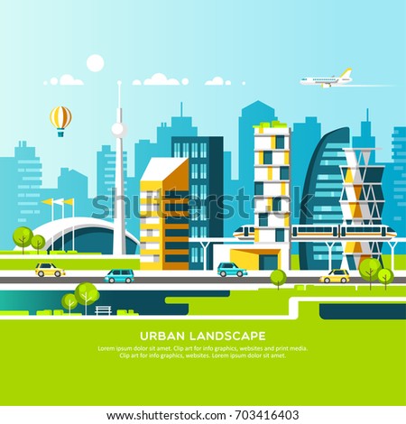 Modern vector illustration of urban landscape and city life.