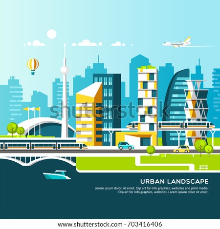 Modern vector illustration of urban landscape and city life.