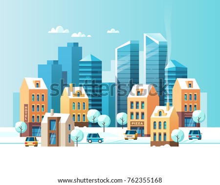 Urban winter landscape. Snowy street. Vector illustration. 