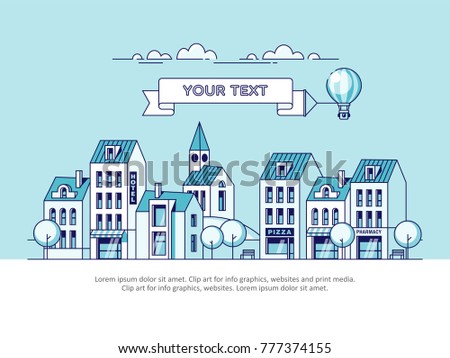 City landscape and air balloon with message on banner. Vector illustration.