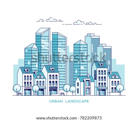 Urban landscape. City with skyscrapers and traditional buildings and houses. Linear vector illustration.