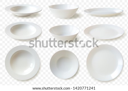 set of nine isolated white porcelain plates vector mockup in a realistic style on transparent background dining set of round dishes in different angles convenient templates for your food demonstration