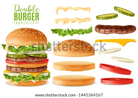 Big double Burger maker constructor. Realistic style. Isolated elements which are easy to change and move on white background with separate isolated ingredients. Vector set