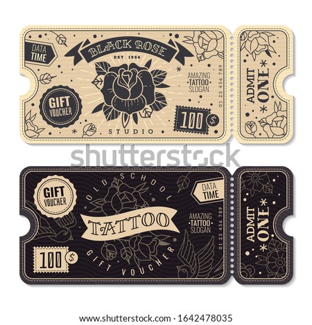 Tattoos gift vouchers. Horizontal banners,  for. Tickets in retro style on the theme of traditional old school tattoo. Vector illustration