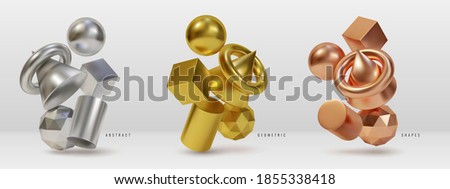 Metal Geometric Shapes compositions. 3d simple different objects, geometric elements, gold, silver, copper, minimalist forms. Vector set
