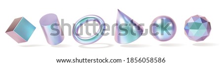 Iridescent Geometric Shapes set. Modern 3d hologram multicolor metal object, futuristic neon gradient design. Vector concept Stock foto © 