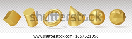 3d Gold Geometry. Realistic render yellow metallic objects, minimalistic simple different angles shapes, standard primitives. Vector set