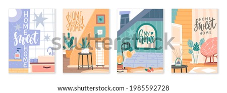 Furniture compositions. Home interior elements with lettering, handwritten quotes, scandi apartment lounge nooks, rooms decor. Vector set