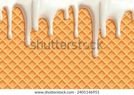 Waffle cone texture. Realistic vanilla ice cream dripping drops, white melted cold sweet dessert, summer refreshing taste, vector background