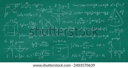 Green blackboard with math formulas. Chalk notes on graphite board, geometry lesson, drawings, letters and numbers, school tutor, vector set.eps
