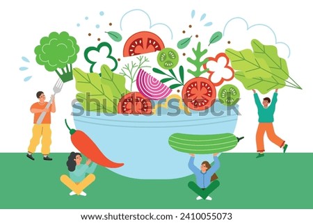 Funny little people with large bowl of salad. Tiny chefs carry big vegetables, healthy diet food, vegetarian products, vector illustration.eps
