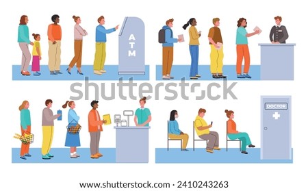 Cartoon people people in lines. Long queues to various services, atm, bank, cash register, doctor office, men and women waiting, vector set.eps
