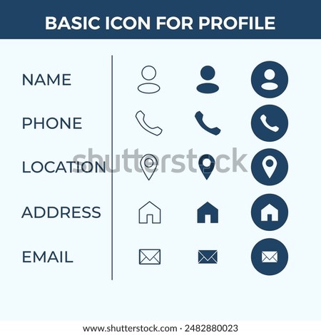 Set Basic icon vector for profile, mobile app icon, profle icon, address, contact, email, pin icon