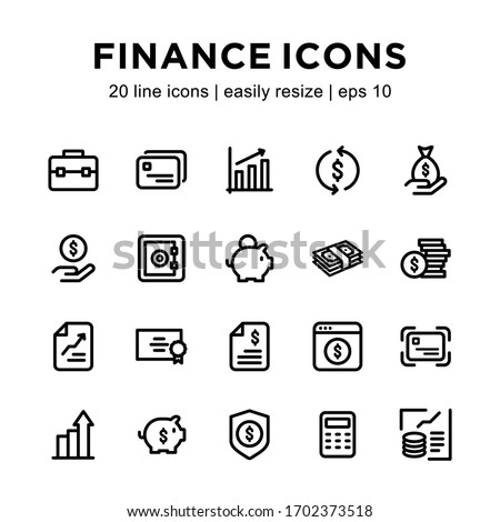 Set of financial line icon, containing icons such as money, charts, calculators, piggy banks, and others with a white background.