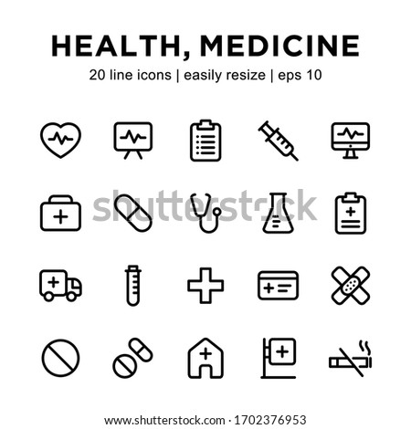 simple set of medication / health line icons, containing icons such as pills, doctor's boxes, injections, ambulances and others.